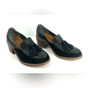 NEW Anthropologie Seychelles Black Leather Suede Tassel High Heel Loafer Shoes 8